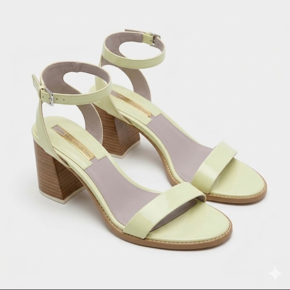 Zara Basic Collection Pale Yellow Patent Leather Heel Sandals Size 41 EU (10 USA